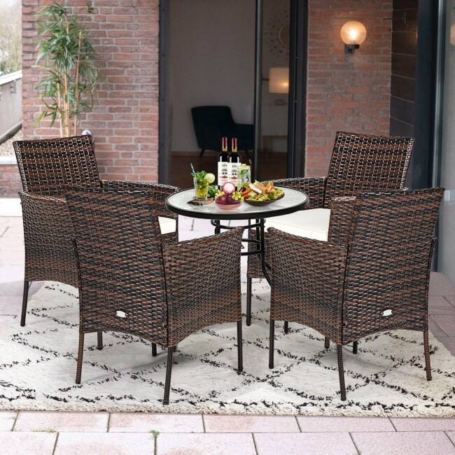 2 Pieces Rattan Arm Dining Chair Cushioned Sofa Furniture Patio - 25'' x 23'' x 33'' (L x W x H)