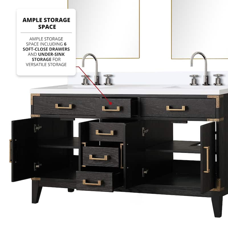 Laurel 60 in W x 22 in D Black Oak Double Bath Vanity, Cultured Marble Top, and 28 in Mirrors