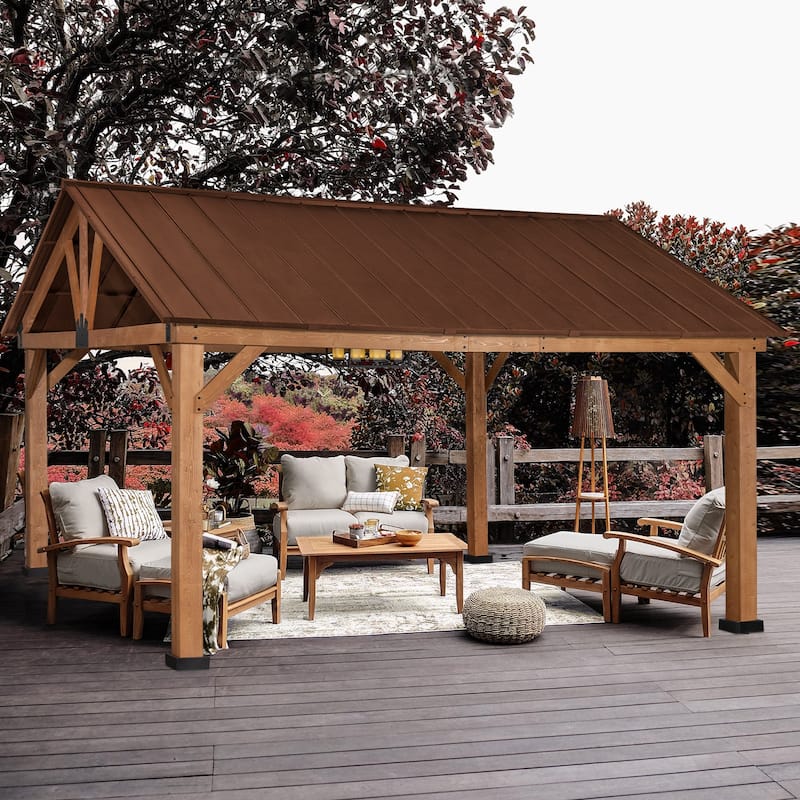 Cozywor 15 ft. x 13 ft. Outdoor Cedar Wood Patio Hardtop Gazebo