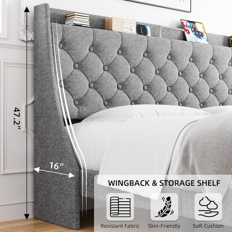 Bed Frame with Upholstered Wingback Headboard