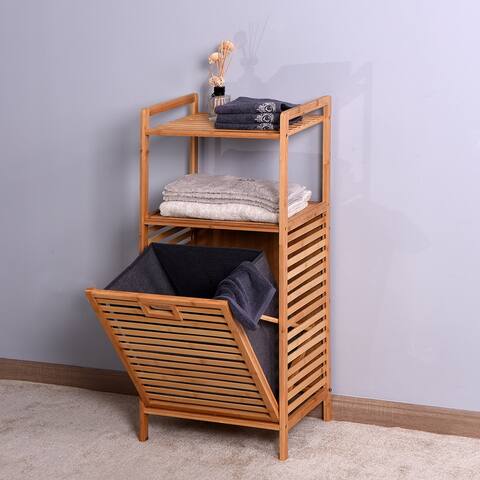 Bathroom Laundry Basket Bamboo Storage Basket with 2-tier Shelves