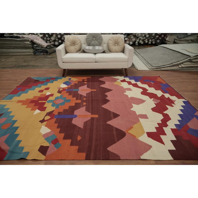 Hand Woven Oriental 100% Wool Carpet Southwestern Modern Multi-Colored Kilim Area Rug - 9' 10'' X 8' 0''