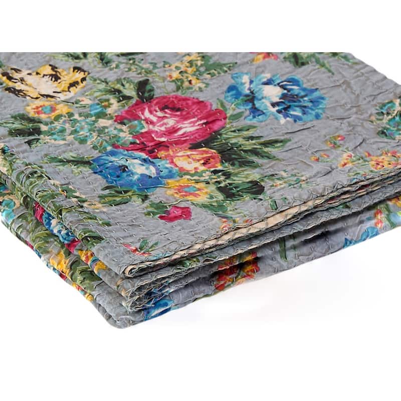 HomeRoots 50" X 70" Pink Gray and Blue Kantha Cotton Floral Throw Blanket with Embroidery