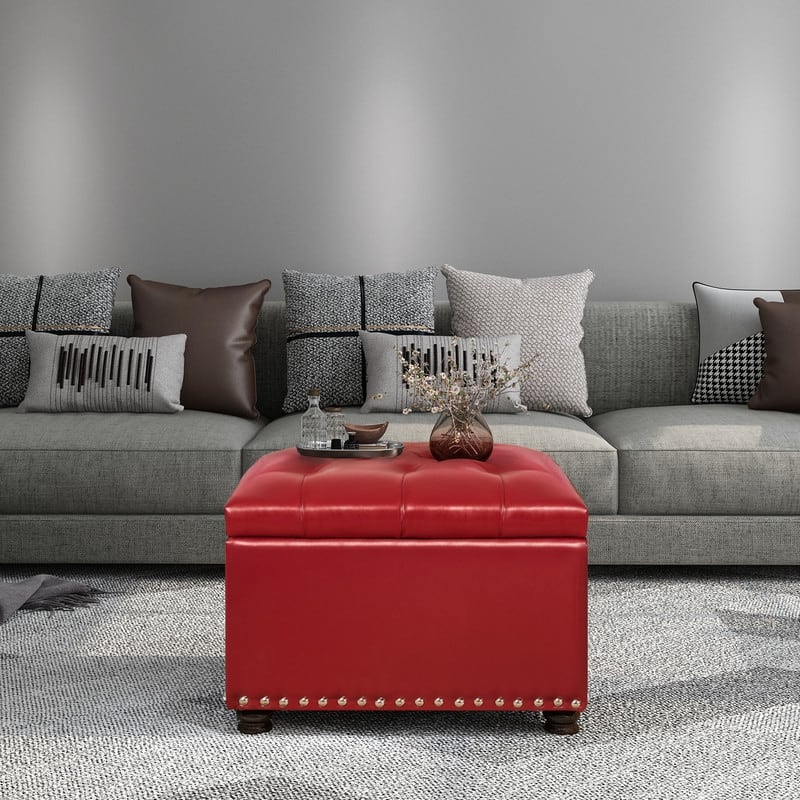 Adeco Red Leather Rectangular Storage Ottoman with Lid