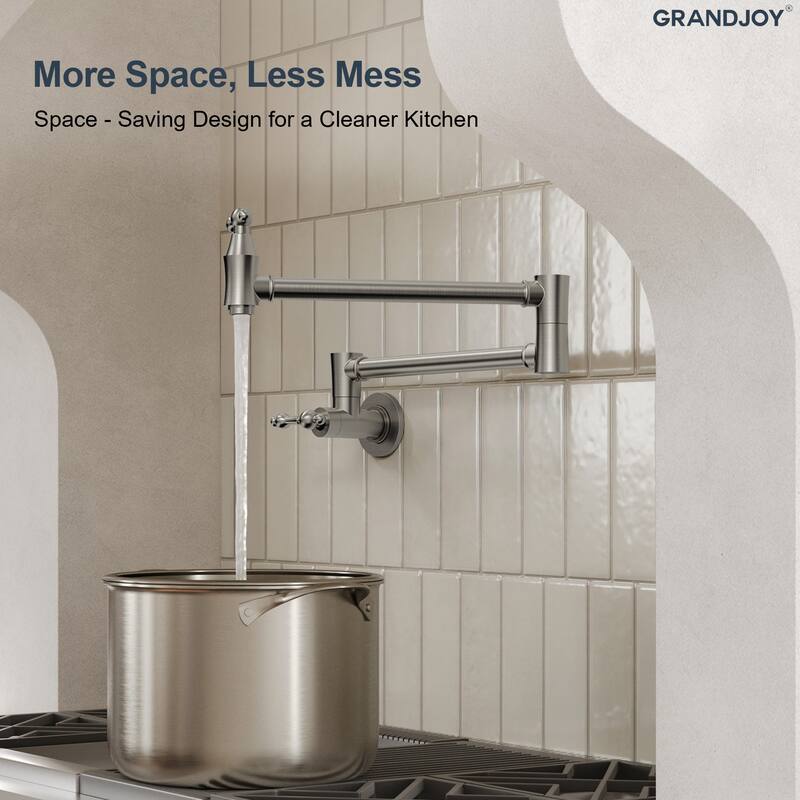 GRANDJOY Wall‑Mount Pot Filler Faucet with Dual Handle Control,High Flow Cold Water Faucet for Stove, Foldable Design