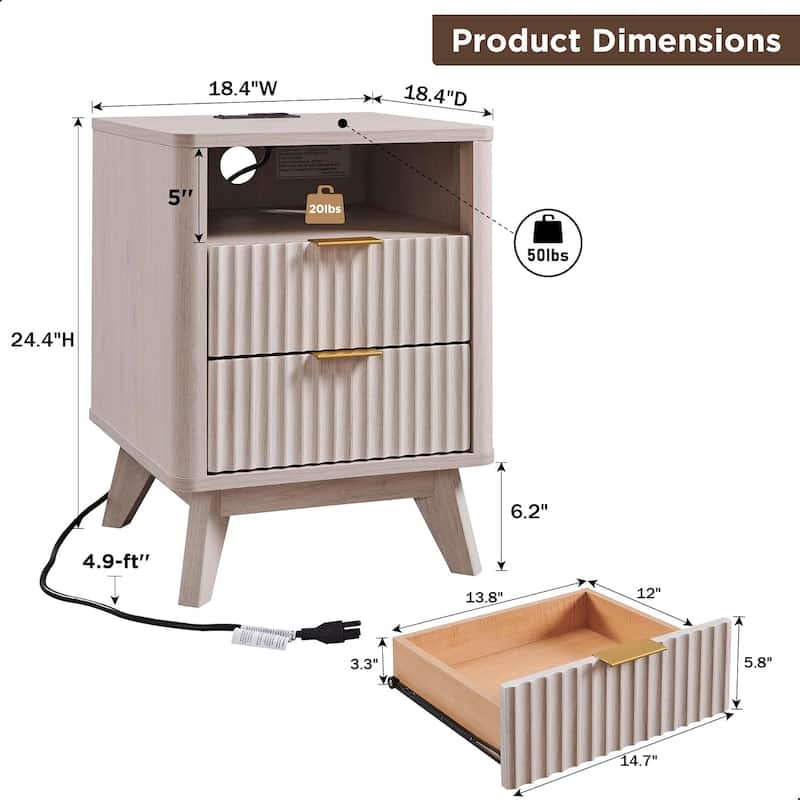 Modern Minimalist Side Table, Fluted Nighstand End Table for Bedroom