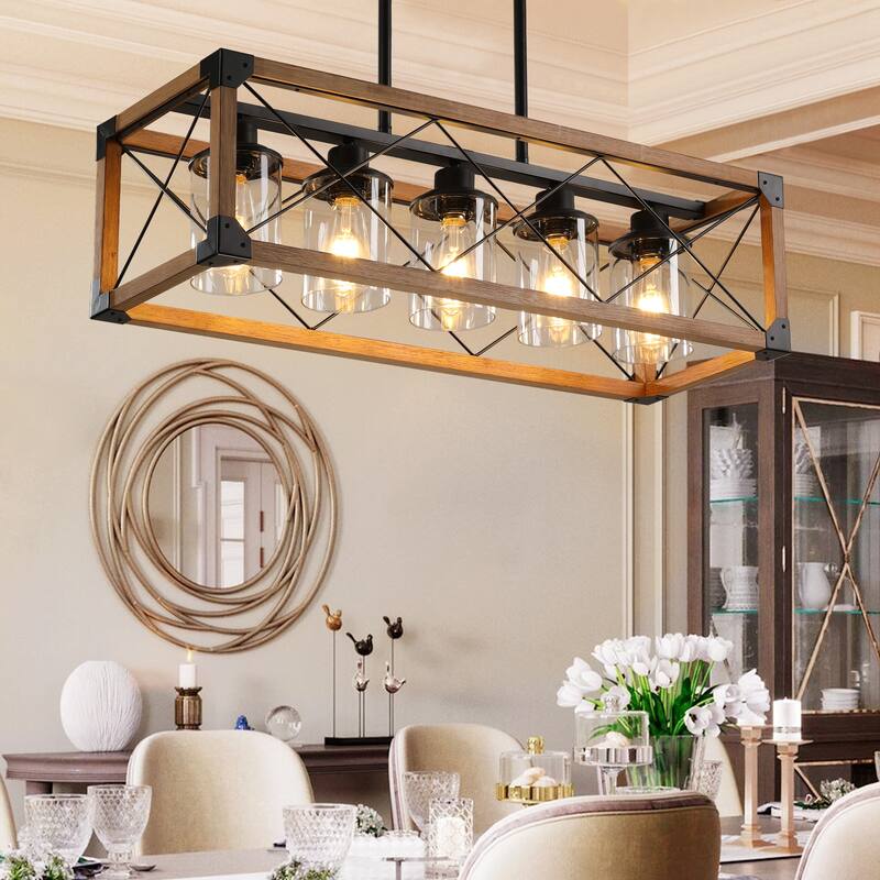 Rustic 5-Light Red Farmhouse Chandelier with Adjustable Suspension for Kitchen Island, Dining Room, and Living Room
