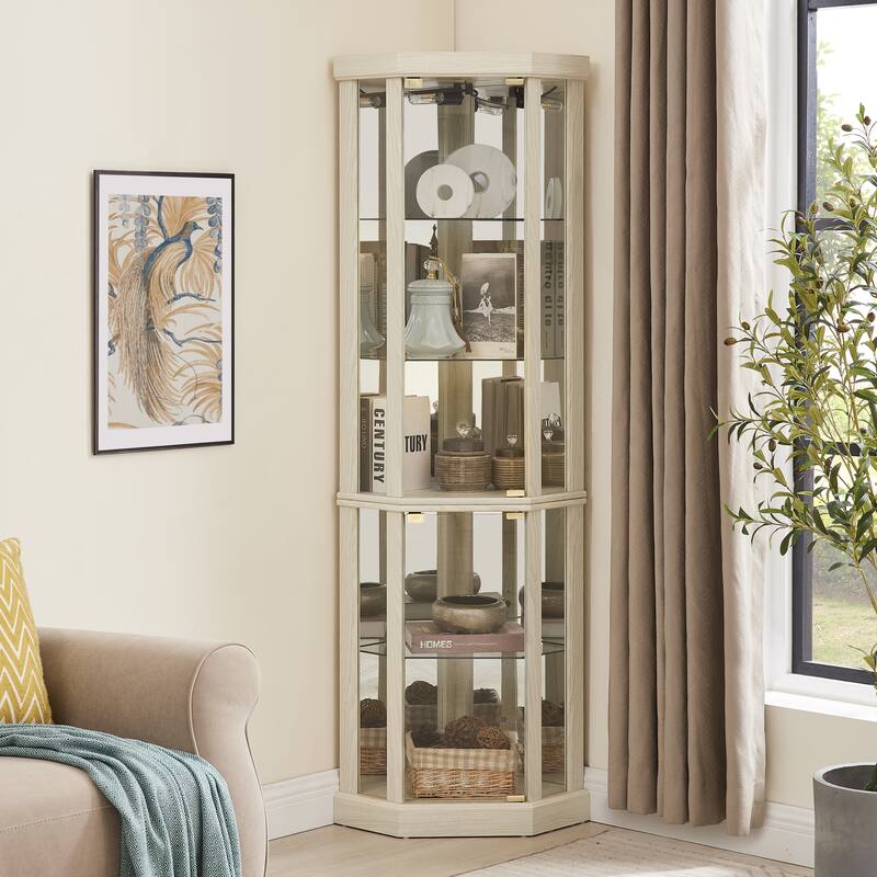 Corner Display Cabinet with Glass Door, Shelves & Light - Antique White