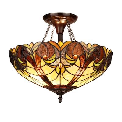 Tiffany Style Victorian Design 2-light Dark Bronze Semi-Flush Fixture - 13.6 inches High
