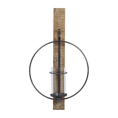 Wood Geometric Pillar Wall Sconce with Wood Back Mount - Brown - Roche River Decor