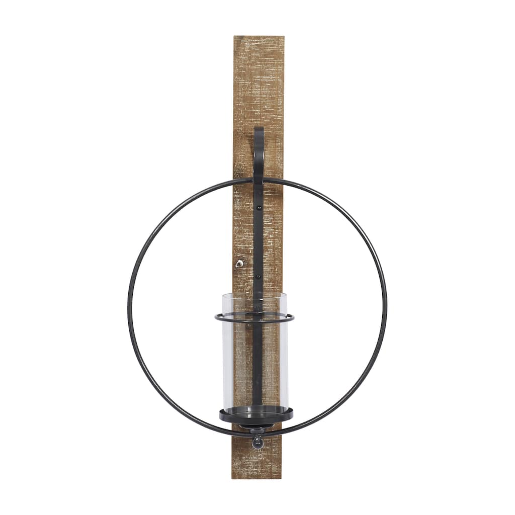 Wood Geometric Pillar Wall Sconce with Wood Back Mount - Brown - Roche River Decor