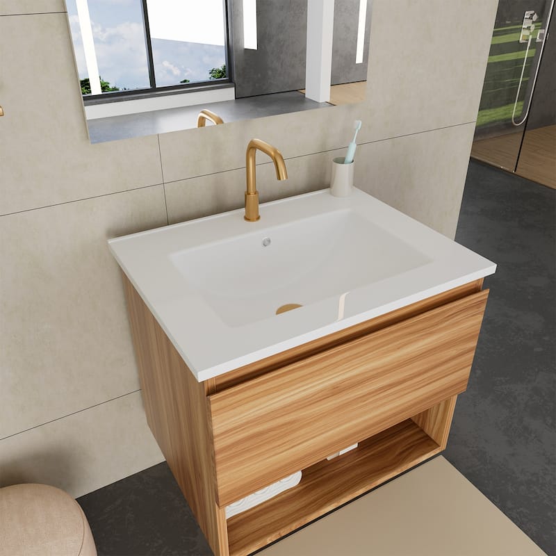 24" Floating Bathroom Vanity with Ceramic Sink - Wall Mounted Fluted Cabinet in Walnut with Drawers, Modern Design