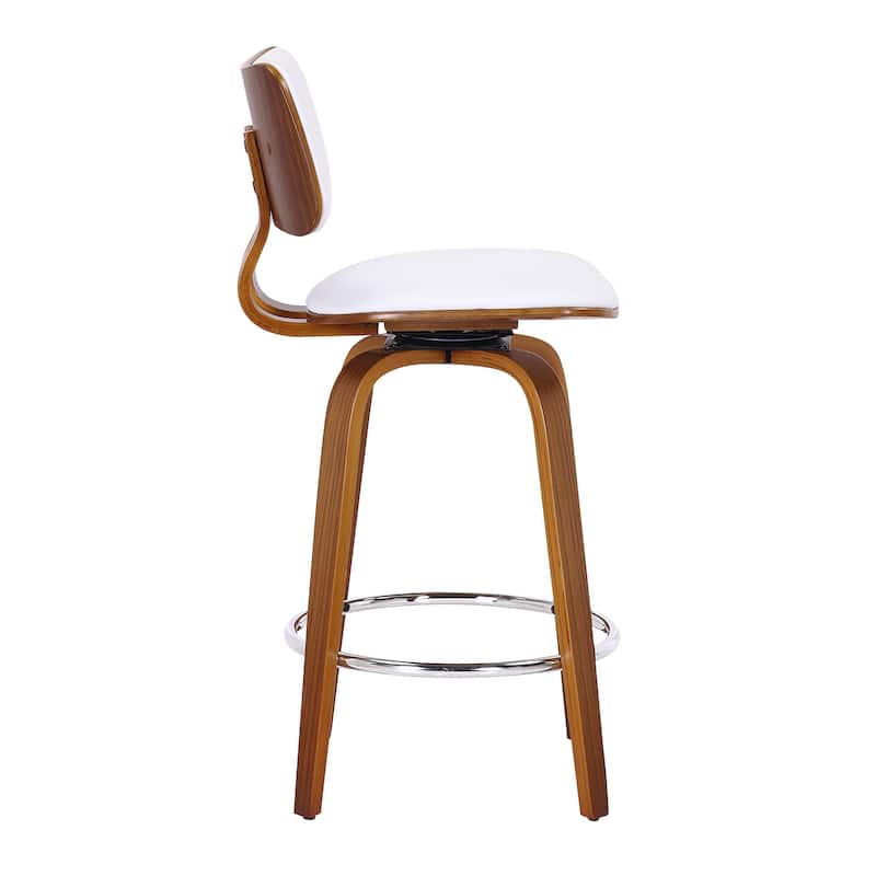 Mid-Century Faux Leather and Wood 26" Counter Stool with Swivel, Set of 4 - White and Walnut