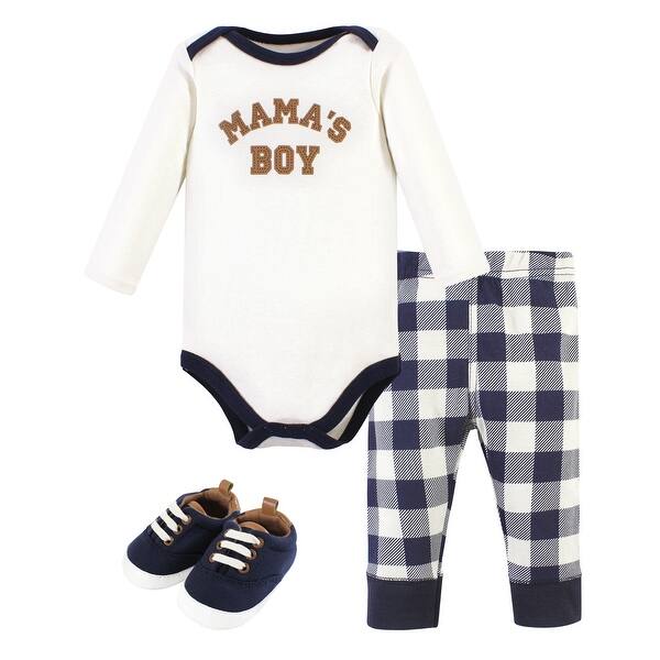 slide 1 of 1, Hudson Baby Infant Boy Cotton Long-Sleeve Bodysuit, Pant and Shoe Set, Brown Navy Mamas Boy 0-3 Months - Brown Navy Mamas Boy Long Sleeve