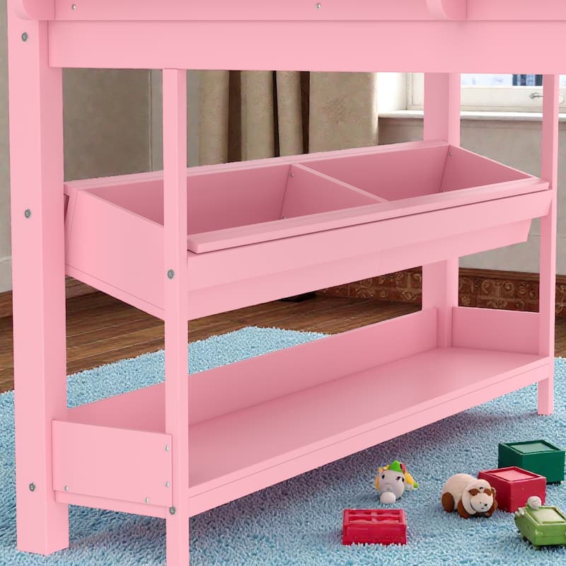 Low Loft Bed with Desk, Storage Bookcases, Drawers & Boxes, Solid Wood Kids Loft Bed with Blackboard Shelf