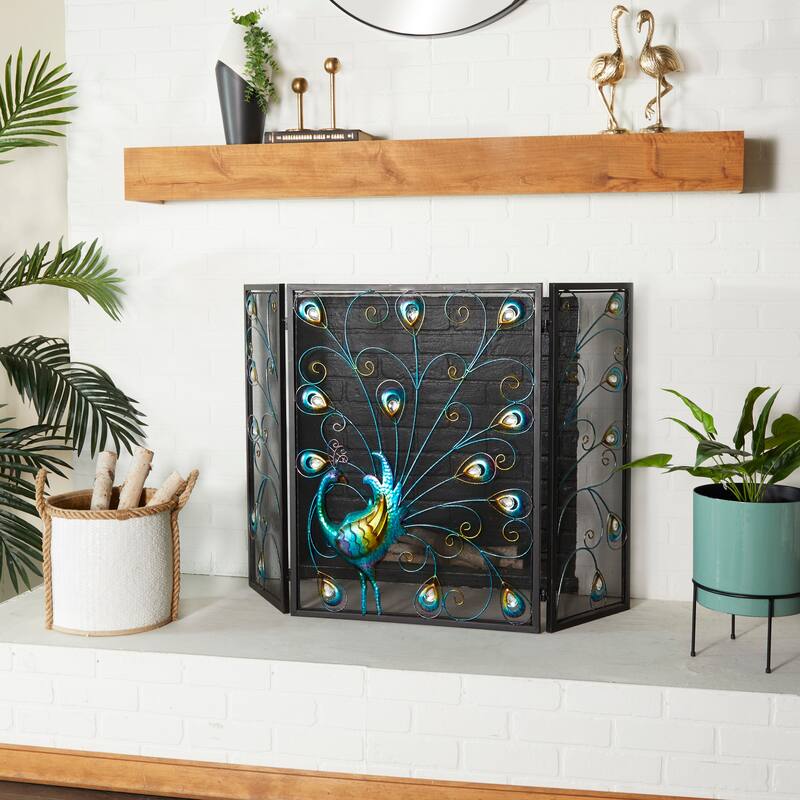 Metal Peacock Rainbow 3 Panel Fireplace Screen with Crystal Accents and Black Frame - Blue - Roche River Decor - 1"Wx48"Lx32"H
