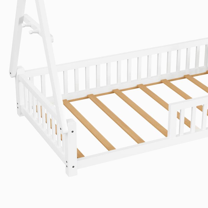 Twin Size Low House Tent Bed with Removable Roof Convertible Floor Bed with Fence, No Door for Kids Boys Girls