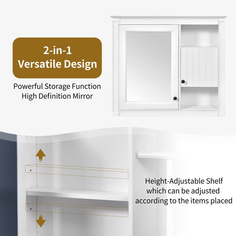 GDFStudio - Wellston Modern Wall-Mounted Bathroom Storage Cabinet with Mirror and Adjustable Shelves - 32"W