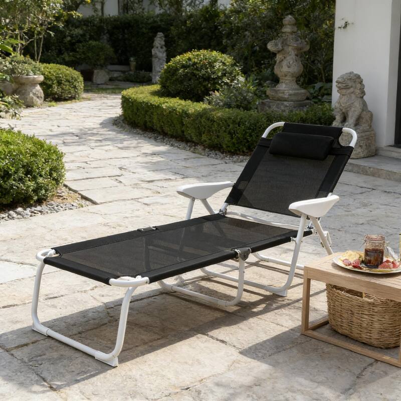 GDFStudio - Andersen Adjustable Folding Outdoor Tanning Lounger with Breathable Comfort Design - Chaise Lounge - Black