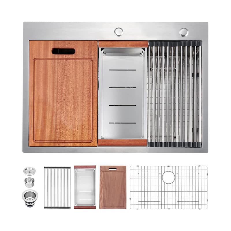 28" x 22" Drop-In Stainless Steel Workstation Sink - 18-Gauge Handmade Single Bowl Kitchen Sink with R10 Corners Accessories