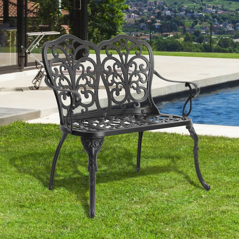 HOMEFUN Aluminum Outdoor Butterfly Loveseats Park Garden Bench - Black