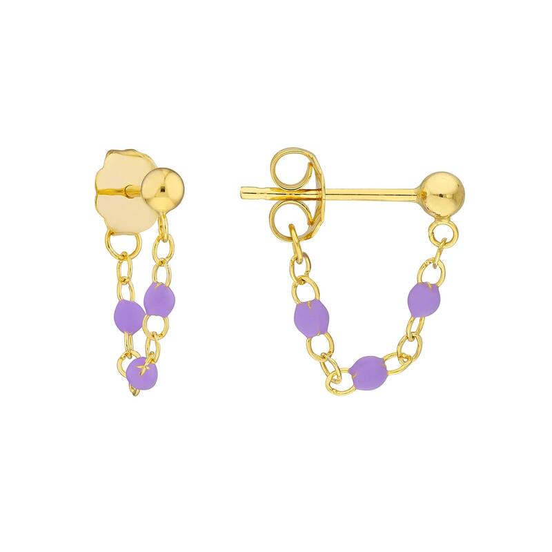 Curata 14k Yellow Gold Front To Back 3 Beads Lilac Enamel Earrings
