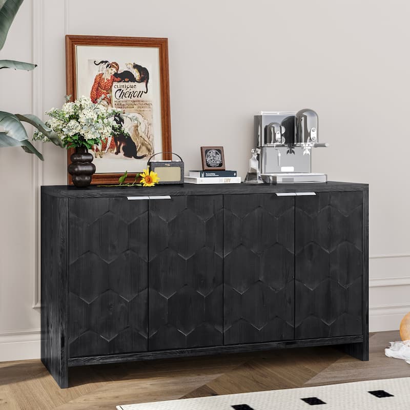 Wooden 4-Door Sideboard with Antique Finish, Ideal for Living Room, Kitchen, or Office Storage - Black
