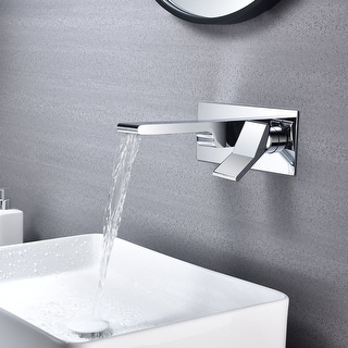 Chrome waterfall Wall mount Single handles bathroom sink faucet with brass pop up overflow drain - 9'6" x 13'6"