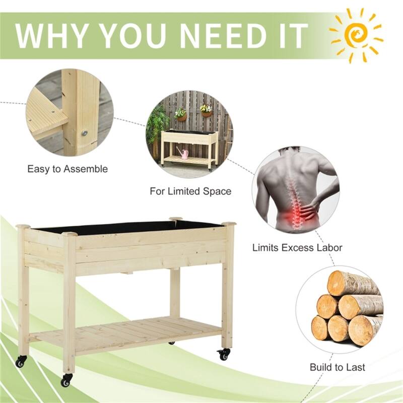Natural Wood Raised Garden Bed with Storage Shelf and Wheels Elevated Planter Box for Outdoor Gardening