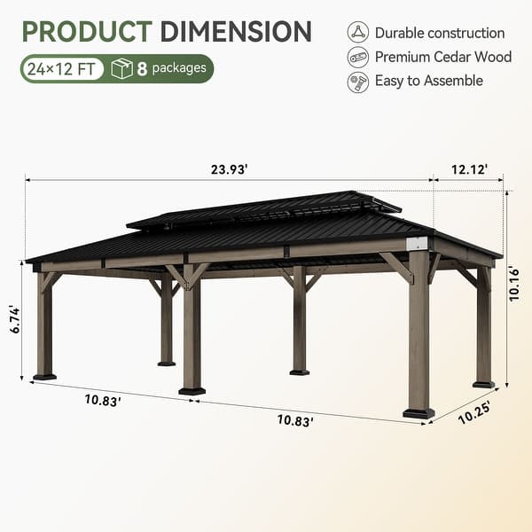 dimension image slide 0 of 6, Aoxun Outdoor Cedar Wood Gazebo with Double Hardtop Roof