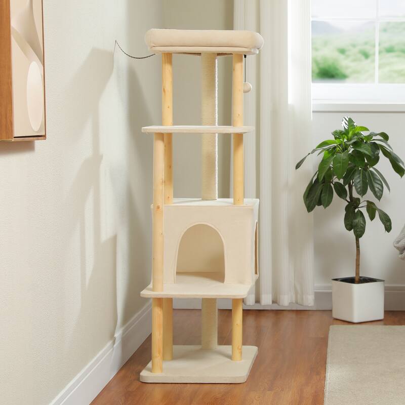 53" Modern Wooden Cat Tower for Indoor Large Cats, Multi-Level Cat Condos with Long Scratching Posts and Scraping Columns