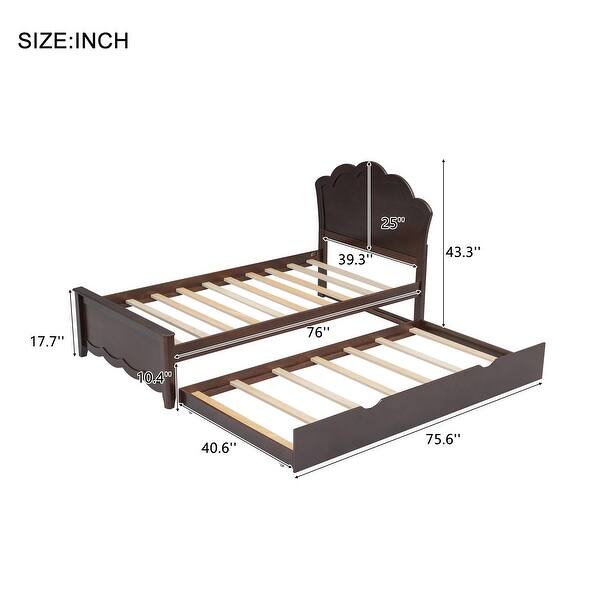 dimension image slide 1 of 2, Twin Size Wood Platform Kids Bed with Headboard & Twin Size Trundle, Cappuccino