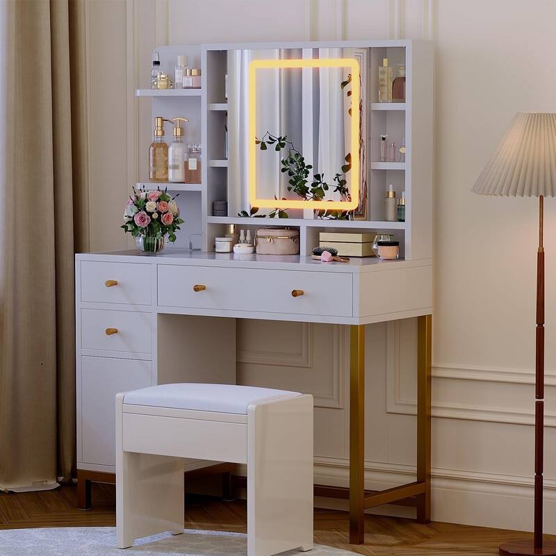 Makeup Vanity Desk with LED Lighting, Large Mirror, 3 Drawers, Cabinet & Open Shelves
