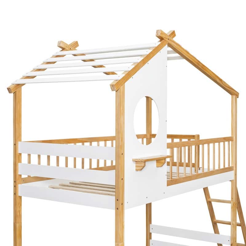 Twin Over Twin Wood Bunk Bed with Roof, Window and Ladder