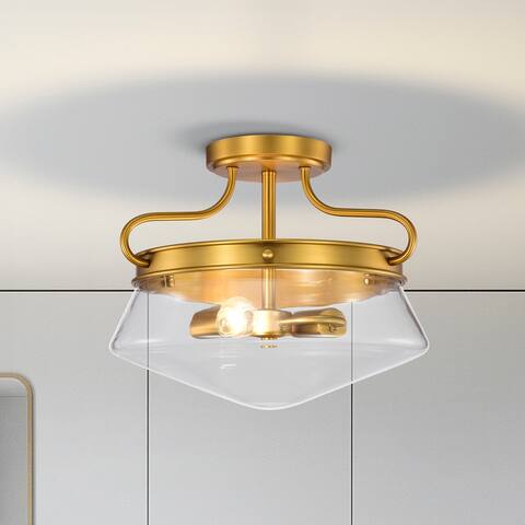 Elize Aged Brass 2-Light Metal & Glass Bowl Shade Semi-Flush Mount