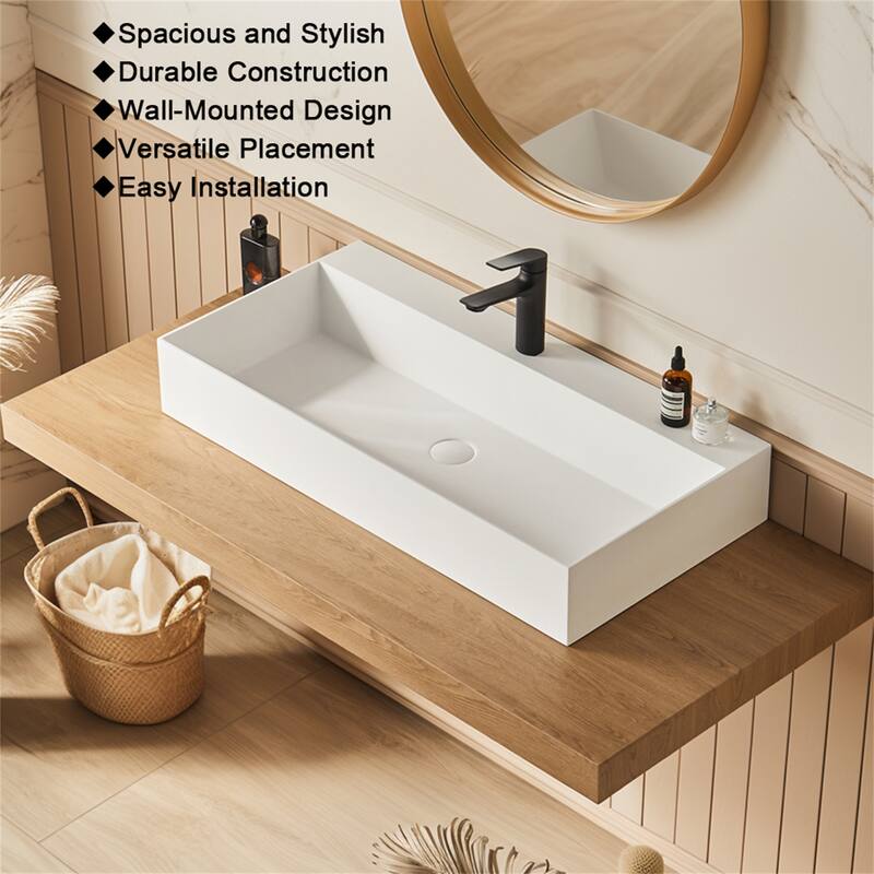 30x18 Inch Matte White Rectangular Wall-Mount Vessel Sink