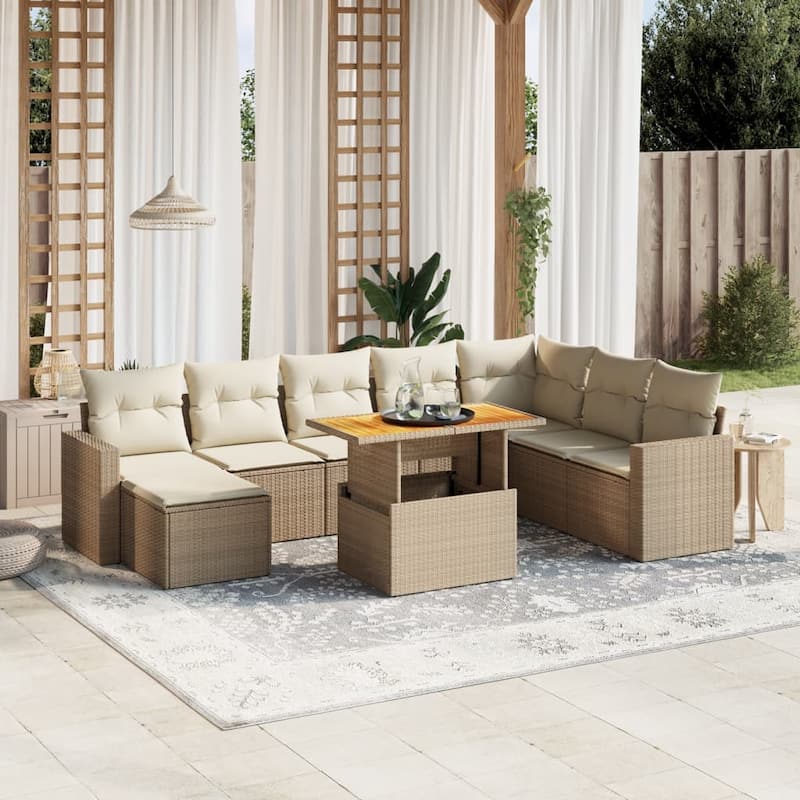 vidaXL Patio Sofa Set with Cushions Outdoor Furniture 9 Piece Poly Rattan - 21.7 x 39.4 x 28.7 - Beige and Cream-without storage