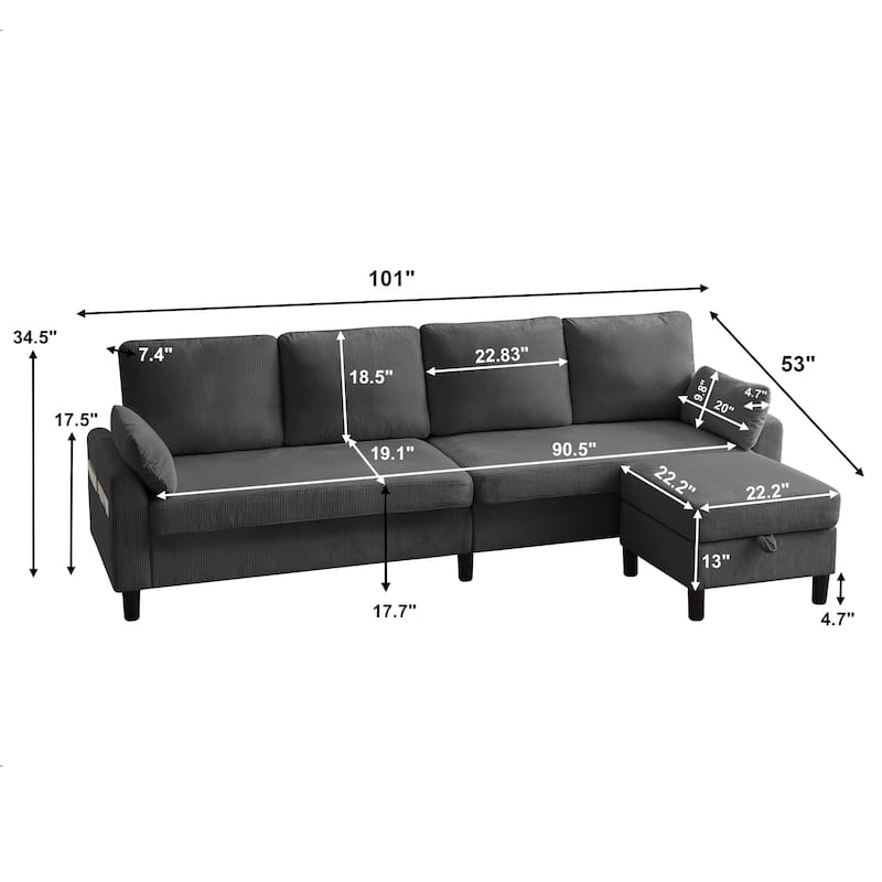 100.79" Corduroy L shaped Pillow Top Arm Sofa With Storage Bag