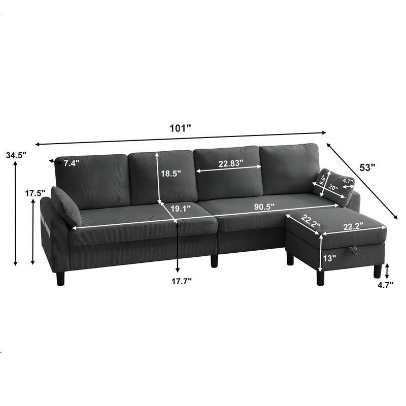 Modular Sectional Sofa Couch L Shaped With Chaise Storage Ottoman and Side Bags For Living Room