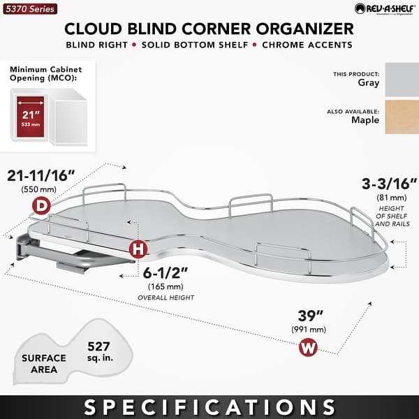 dimension image slide 1 of 2, Rev-A-Shelf 5371 Series Left Handed Pull Out Single Tier Blind Corner