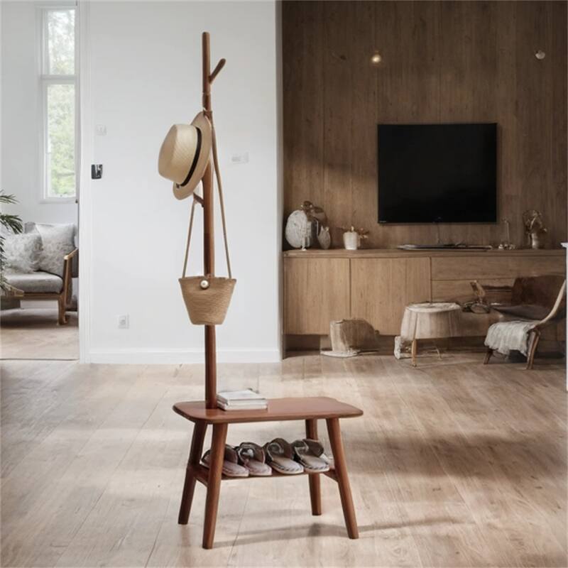 65.75"H Solid Wood Coat Rack With Shoe Storage