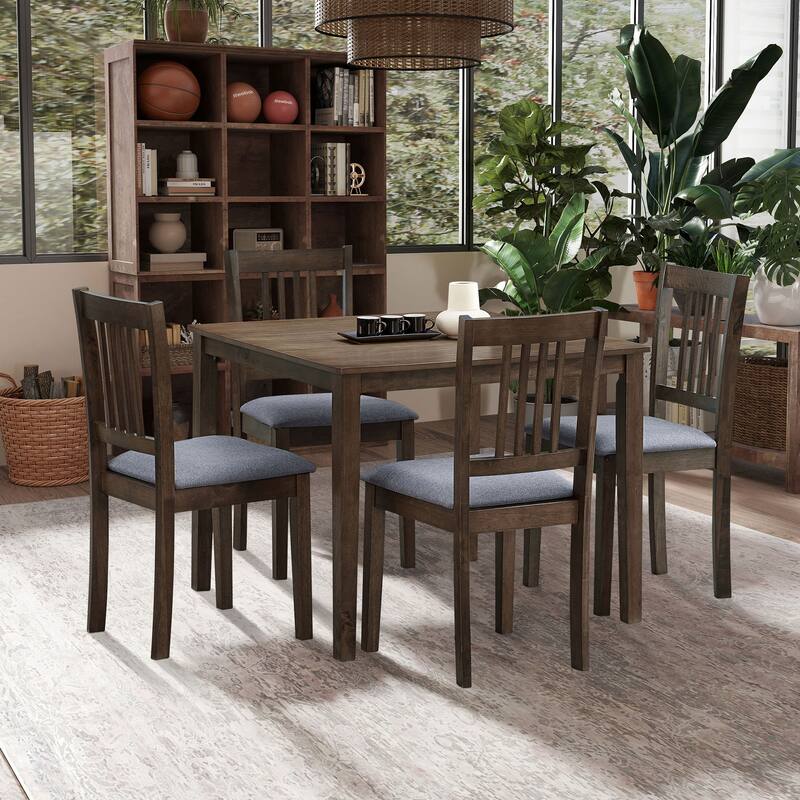 Modern 5-Piece Dining Set with Square Table & 4 Slat Back Upholstered Chairs