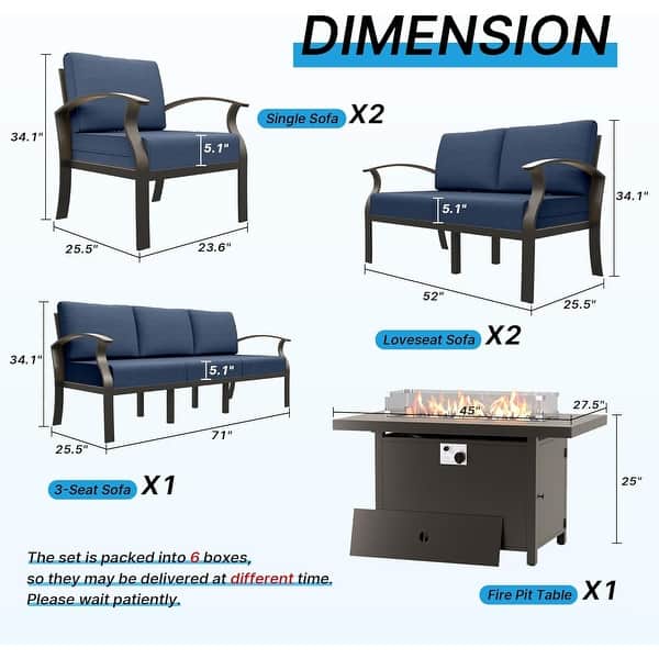dimension image slide 0 of 14, Aluminum Patio Outdoor Sectional Sofa Set with Fire Pit, Swivel Rocking Chairs and Ottomans