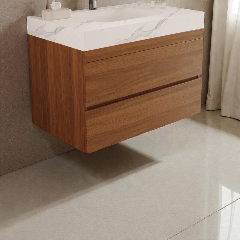 29.9" Floating Bathroom Vanity with Faux Marble Top, Ceramic Undermount Sink, Soft-Close Drawers for Modern Small Bathrooms
