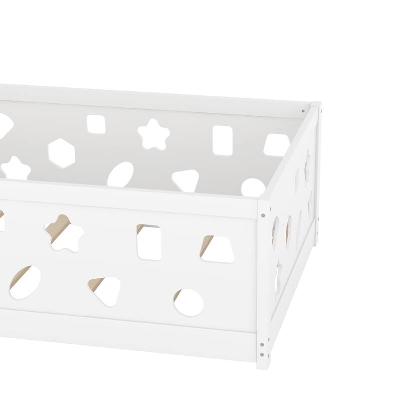 White Bed Frame Montessori Bed Twin Size Toddler Floor Bed with Guardrails and Door for Children Boys Girls Kids Playroom