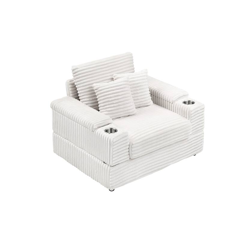 White Corduroy Single Sofa with Pillows and Ottoman