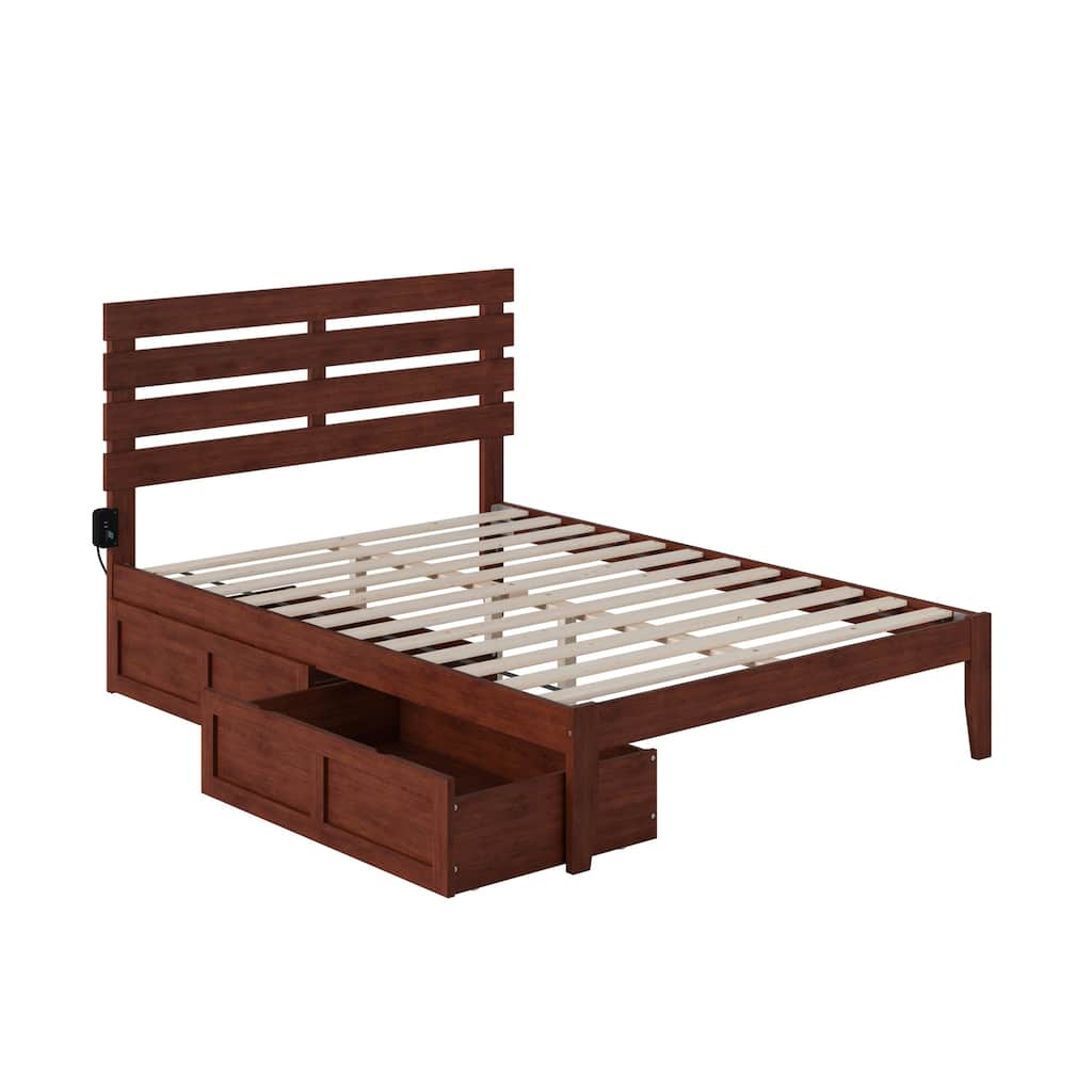 Full Walnut Platform Bed with USB Turbo Charger, Two Rolling Storage Drawers, and Durable Slat Support