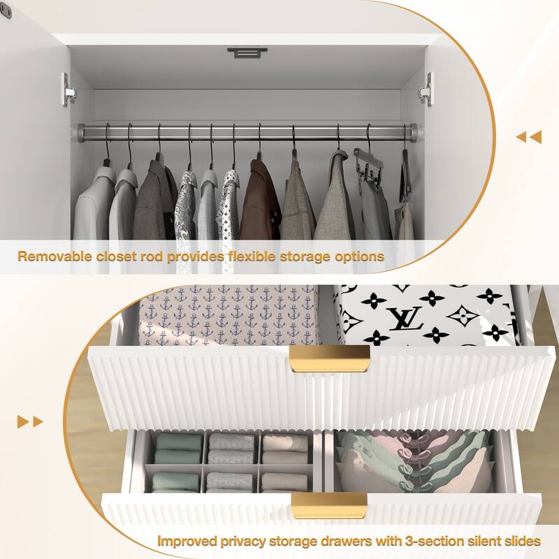 Gymojoy 2 Door Armoire Wardrobe Closet with Drawers, Modern Fluted Bedroom Storage Cabinet