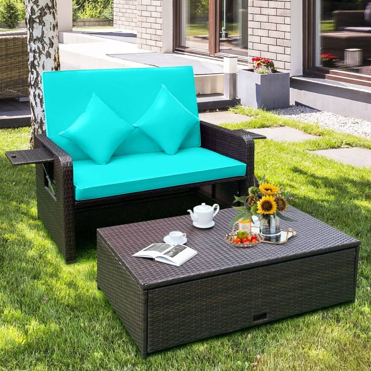 Patio Rattan Daybed with 4-Level Adjustable Backrest and Retractable Side Tray - 31" x 67" x 36"