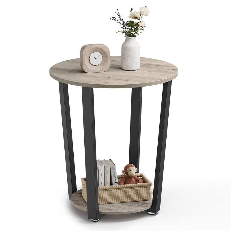 End Table, Round Side Table with Storage Shelf, Easy Assembly, Industrial Accent Furniture with Steel Frame - Grey